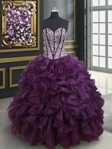 Pink Organza Lace Up Scoop Sleeveless With Train Quinceanera Dress Court Train Beading and Ruffles and Pick Ups