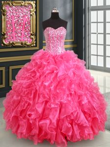Flirting Sleeveless Organza Floor Length Lace Up Quinceanera Gown in Hot Pink for with Beading and Ruffles and Sequins
