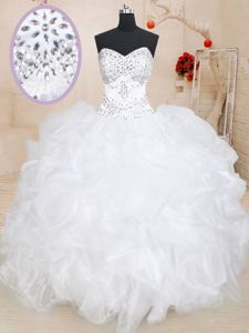 Gorgeous Floor Length Lace Up Quinceanera Dress White and In for Military Ball and Sweet 16 and Quinceanera with Beading and Ruffles