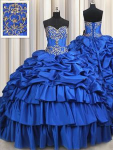 Glamorous Pick Ups Ruffled Brush Train Ball Gowns Quinceanera Dresses Royal Blue Sweetheart Taffeta Sleeveless With Train Lace Up