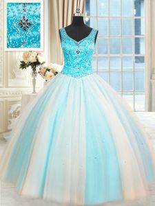 Graceful Sleeveless Tulle Floor Length Lace Up Vestidos de Quinceanera in White and Blue for with Beading