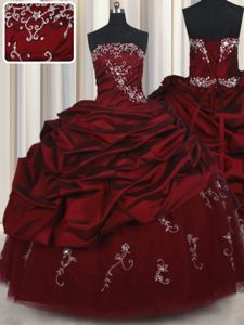 Wine Red Ball Gowns Beading and Pick Ups Quince Ball Gowns Lace Up Taffeta and Tulle Sleeveless Floor Length