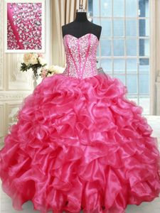 Hot Pink Lace Up Sweetheart Beading and Ruffled Layers Sweet 16 Quinceanera Dress Organza Sleeveless