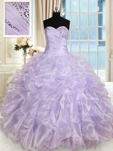 Unique Sleeveless Organza Floor Length Lace Up Ball Gown Prom Dress in Lavender for with Beading and Ruffles