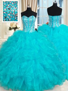 Trendy Aqua Blue Lace Up Sweet 16 Dresses Beading and Ruffles Sleeveless Floor Length