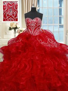 Glamorous Red Sleeveless Organza Lace Up 15th Birthday Dress for Military Ball and Sweet 16 and Quinceanera