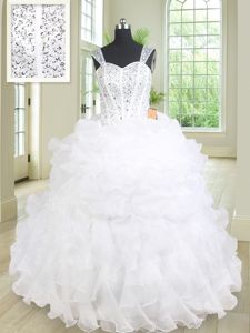 Designer Straps Straps Sleeveless Organza Floor Length Lace Up Quinceanera Dresses in White for with Beading and Ruffles
