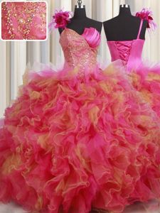 One Shoulder Floor Length Lace Up Ball Gown Prom Dress Multi-color and In for Military Ball and Sweet 16 and Quinceanera with Beading and Ruffles and Hand Made Flower