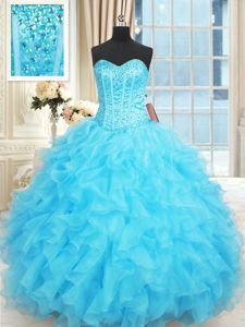 Great Aqua Blue Organza Lace Up Sweetheart Sleeveless Floor Length Quinceanera Gown Beading and Ruffles and Ruffled Layers