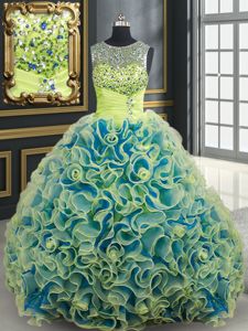 Scoop See Through Yellow Green Fabric With Rolling Flowers Lace Up Ball Gown Prom Dress Sleeveless Brush Train Beading and Sequins