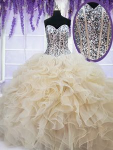 Champagne Sleeveless Beading and Ruffles Floor Length 15th Birthday Dress