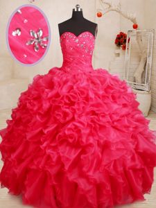 Customized Sweetheart Sleeveless Quinceanera Dresses Floor Length Beading and Ruffles Coral Red Organza