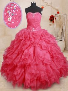 Floor Length Coral Red Sweet 16 Dresses Organza Sleeveless Beading and Ruffles