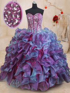 Nice Sequins Multi-color Sleeveless Organza Lace Up Quinceanera Gown for Military Ball and Sweet 16 and Quinceanera