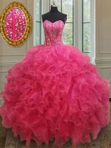 Admirable Hot Pink Vestidos de Quinceanera Military Ball and Sweet 16 and Quinceanera and For with Beading and Ruffles Sweetheart Sleeveless Lace Up
