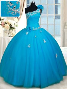 One Shoulder Sleeveless Beading and Appliques and Hand Made Flower Zipper Vestidos de Damas