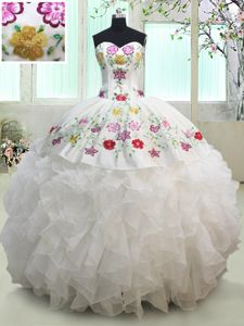 White Sleeveless Floor Length Embroidery and Ruffles Lace Up Ball Gown Prom Dress