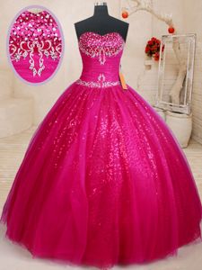Sweetheart Sleeveless Quinceanera Dress Floor Length Beading and Sequins Fuchsia Tulle