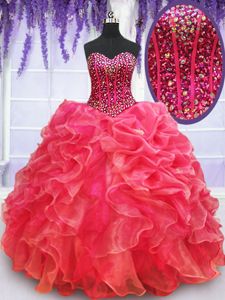 Coral Red Sweetheart Lace Up Beading and Ruffles Sweet 16 Quinceanera Dress Sleeveless