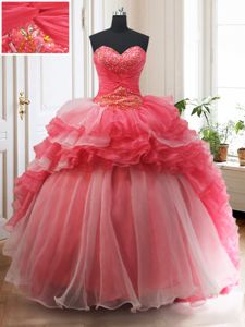 Pretty White And Red Sleeveless Brush Train Beading and Ruffled Layers With Train 15 Quinceanera Dress