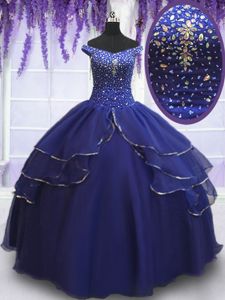 Discount Off the Shoulder Royal Blue Sleeveless Beading and Ruffled Layers and Sequins Floor Length Ball Gown Prom Dress