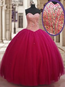 Stylish Fuchsia Ball Gowns Sweetheart Sleeveless Tulle Floor Length Lace Up Beading 15 Quinceanera Dress