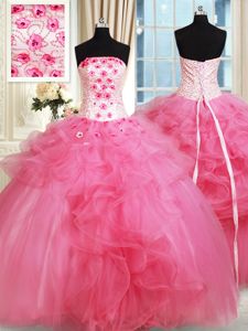 Pretty Hot Pink Sleeveless Tulle Lace Up Sweet 16 Dress for Military Ball and Sweet 16 and Quinceanera