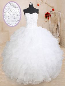 Custom Designed Organza Sweetheart Sleeveless Lace Up Beading and Ruffles Ball Gown Prom Dress in White