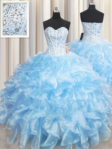 Sleeveless Floor Length Beading and Ruffles Lace Up Quinceanera Gowns with Light Blue