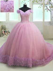 Dynamic Off the Shoulder Cap Sleeves With Train Ruching Lace Up Sweet 16 Dresses with Lilac Court Train