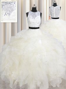 Clearance Champagne Scoop Lace Up Beading and Ruffles Sweet 16 Quinceanera Dress Sleeveless