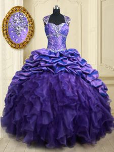Straps Straps Purple Ball Gowns Beading and Ruffles and Pick Ups Quince Ball Gowns Lace Up Organza and Taffeta Cap Sleeves