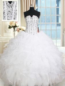 Cute Floor Length Lace Up Ball Gown Prom Dress White and In for Military Ball and Sweet 16 and Quinceanera with Beading and Ruffles