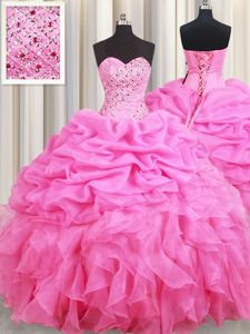 Customized Sweetheart Sleeveless Organza Quinceanera Dress Beading and Ruffles and Pick Ups Lace Up