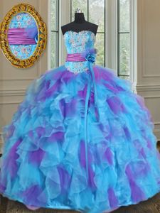 White And Purple Lace Up Sweetheart Beading and Ruffles 15th Birthday Dress Organza Sleeveless