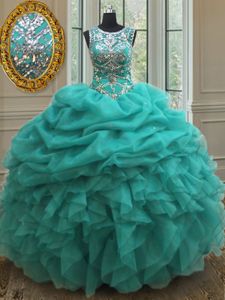 Pick Ups See Through Scoop Sleeveless Lace Up 15 Quinceanera Dress Turquoise Organza