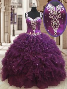 Straps Straps Floor Length Ball Gowns Sleeveless Dark Purple Vestidos de Quinceanera Zipper
