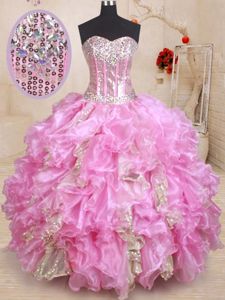 Best Lilac Ball Gowns Beading and Ruffles and Sequins Ball Gown Prom Dress Lace Up Organza Sleeveless Floor Length