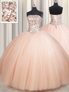 Peach Strapless Lace Up Beading Quinceanera Gowns Sleeveless