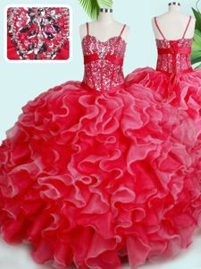 Custom Made Red Organza Lace Up Spaghetti Straps Sleeveless Floor Length Quinceanera Gowns Beading and Ruffles