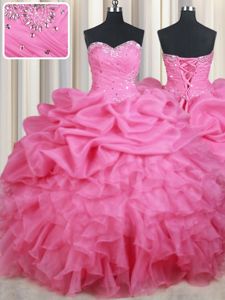 Colorful Rose Pink Ball Gowns Organza Sweetheart Sleeveless Beading and Ruffles and Pick Ups Floor Length Lace Up 15th Birthday Dress