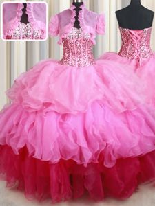 Popular Floor Length Rose Pink 15 Quinceanera Dress Organza Sleeveless Ruffles and Sequins