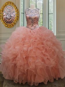 Latest Scoop See Through Peach Sleeveless Organza Lace Up 15th Birthday Dress for Military Ball and Sweet 16 and Quinceanera
