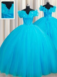Off The Shoulder Sleeveless Court Train Lace Up Quinceanera Gowns Baby Blue Tulle