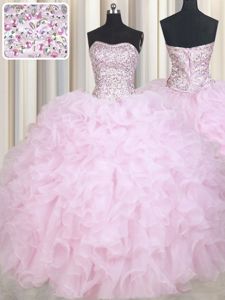 Top Selling Baby Pink Organza Lace Up Quinceanera Gown Sleeveless Floor Length Beading and Ruffles