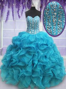 Customized Sweetheart Sleeveless Quinceanera Dresses Floor Length Beading and Ruffles Teal Organza