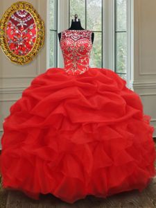 Beauteous See Through Ball Gowns Sweet 16 Dresses Red Bateau Organza Sleeveless Floor Length Lace Up