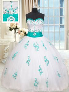 On Sale White Tulle Lace Up Quinceanera Dress Sleeveless Floor Length Beading and Appliques
