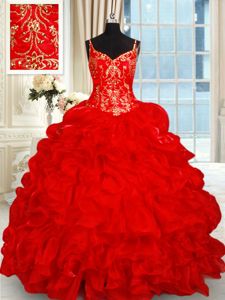 Pick Ups Ball Gowns Sleeveless Red Quinceanera Gowns Brush Train Lace Up