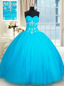 Baby Blue Ball Gowns Tulle Sweetheart Sleeveless Beading Floor Length Lace Up Sweet 16 Quinceanera Dress
